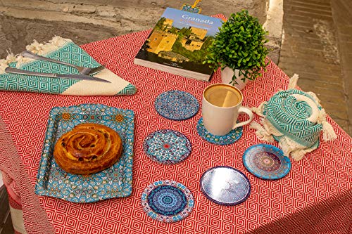 BABEL ARTESANIA Posavasos (Set de 6) - Regalos Originales Decorativos para café, Cocina, uno Drink, Taza, Vino, Tazas, Vasos, Cristal- Juego de mesas, Base Corcho para Mesa de Madera (Alcazaba)