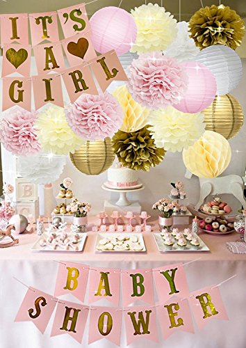 Baby Shower Decoraciones BABY SHOWER & IT'S CHICA Garland Bunting Banner Papel tisú Flor Pom Poms Linternas de papel Paper Honeycomb Bolas Rosa / Blanco / Dorado / Crema Decoración de fiesta Habitació