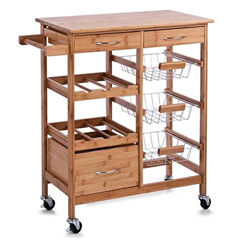 Bakaji - Carro de cocina de madera de bambú con tabla de cortar, 2 cajones para cubiertos, soporte para trapo, botelleros, 3 cestas para fruta de metal y 4 ruedas giratorias