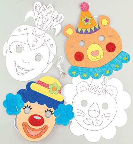 Baker Ross- Kits de caretas de personajes del circo para colorear (Pack de 8) -Manualidades infantiles para decorar caretas variadas de personajes del circo y disfrazarse