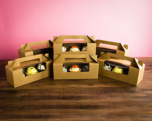 Bakewell's Cake Boxes 10 Cajas para Cupcakes Color Marrón con Mango 3 Orificios y Ventana (Paquete de 10)