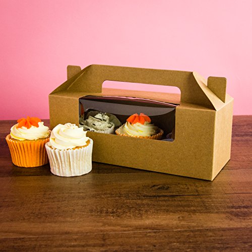 Bakewell's Cake Boxes 10 Cajas para Cupcakes Color Marrón con Mango 3 Orificios y Ventana (Paquete de 10)