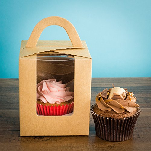 Bakewell's Cake Boxes 10 Cajas para Cupcakes Individuales en Color Marron con Mango y Ventana Caja de Regalo Individual Grande y Resistente de 9.5cm x 9.5cm x 11cm Soporte para Cupcakes (10 unidades)