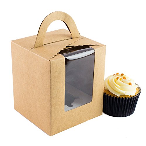 Bakewell's Cake Boxes 10 Cajas para Cupcakes Individuales en Color Marron con Mango y Ventana Caja de Regalo Individual Grande y Resistente de 9.5cm x 9.5cm x 11cm Soporte para Cupcakes (10 unidades)