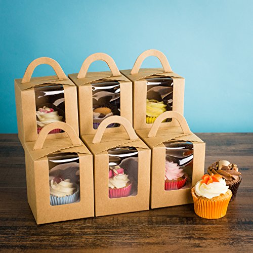 Bakewell's Cake Boxes 10 Cajas para Cupcakes Individuales en Color Marron con Mango y Ventana Caja de Regalo Individual Grande y Resistente de 9.5cm x 9.5cm x 11cm Soporte para Cupcakes (10 unidades)