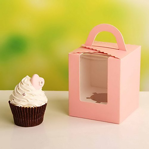 Bakewell's Cake Boxes 10 Cajas para Cupcakes Individuales en Color Rosa con Mango y Ventana Caja de Regalo Individual Grande y Resistente de 9.5cm x 9.5cm x 11cm Soporte para Cupcakes (10 unidades)