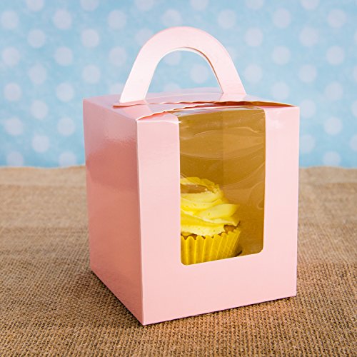 Bakewell's Cake Boxes 10 Cajas para Cupcakes Individuales en Color Rosa con Mango y Ventana Caja de Regalo Individual Grande y Resistente de 9.5cm x 9.5cm x 11cm Soporte para Cupcakes (10 unidades)