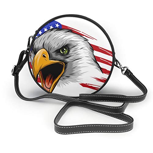 Bald Eagle Bandera Americana Bolso de Mano Redondo Bolso Bandolera de Cuero PU Bolso de Hombro Cremallera Redondo Canteen Bolso para Mujer Personalizado