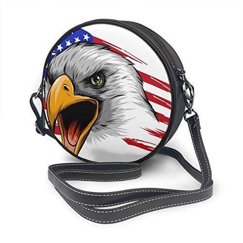 Bald Eagle Bandera Americana Bolso de Mano Redondo Bolso Bandolera de Cuero PU Bolso de Hombro Cremallera Redondo Canteen Bolso para Mujer Personalizado