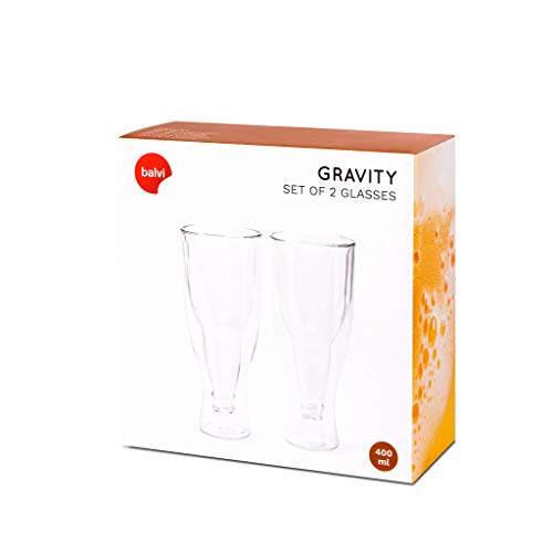 Balvi Vaso Cerveza Gravity Set de 2 Vasos de 400 ml Doble Pared Mantiene el Frio Forma de Botella del revés Vidrio