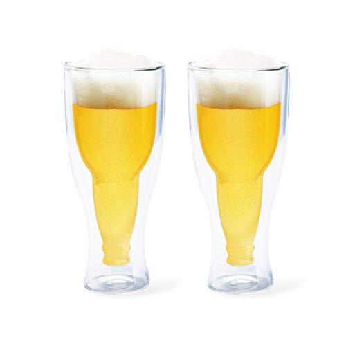 Balvi Vaso Cerveza Gravity Set de 2 Vasos de 400 ml Doble Pared Mantiene el Frio Forma de Botella del revés Vidrio