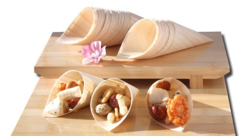 Bamboo Wood Cones x200 for party foods, snacks, nibbles, canapÃ© 125X65mm