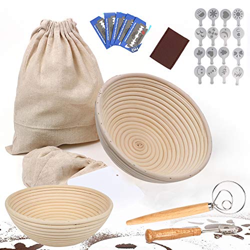 Banneton Cesta redonda para el pan de 9 pulgadas con 6 unidades de herramientas para hornear – Forro de tela, bolsa de pan, batidor, raspador, 16 plantillas, lamer (1+4 cuchillas reemplazables)