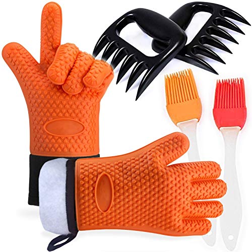 Barbacoa Grill guantes resistente al calor con garra de oso carne garras y pincel de silicona, Guantes de Cocina antideslizante para Horno Microondas y Parrilla, Naranja