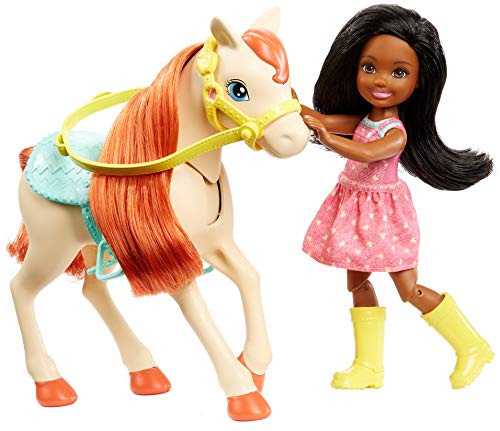 Barbie Familia, Juego de amistades de los Animales, muñeca marrón y minimuñecas Chelsea, Caballo Pony, Figura de Cachorro y Accesorios, Juguete para niños, FXH16