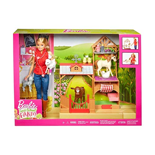 Barbie Muñeca veterinaria Barbie en la Granja, incluye caballo, cabra, ternero, gallina, patitos, oveja y accesorios (Mattel GCK86)