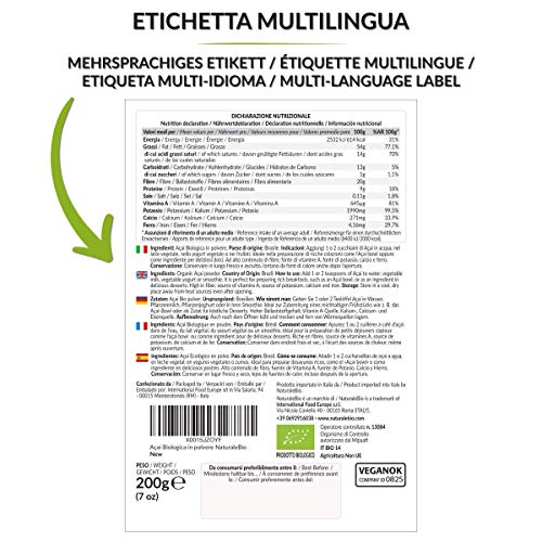 Bayas de Acai Orgánico en Polvo [Freeze - Dried] 200g. Pure Acaí Berry Powder Extracto crudo de la pulpa de la baya de açaí liofilizado. 100% Bio cultivado en Brasil. Superalimento Ecológico.