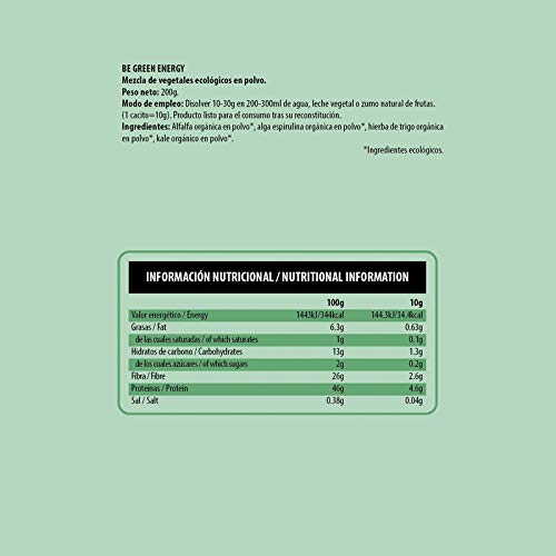 Be Essential - Be Green energy eco, alfalfa, wheat grass, spirulina algae and kale, 200g, non gmo, 100% natural,sin gluten, sin soja,sin lactosa,100% orgánico