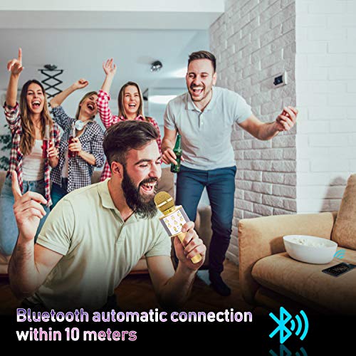 Bearbro Micrófono Inalámbrico Bluetooth，Micrófono Karaoke Bluetooth Portátil con Función Selfie para Niños Canta Partido Musica, Compatible con Android/iOS PC, AUX o Teléfono Inteligente (oro)