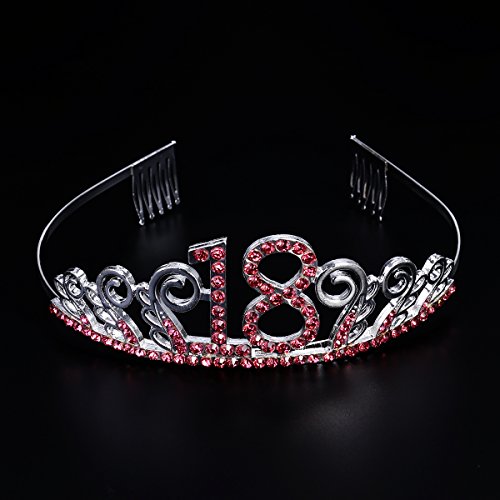 Beaupretty Tiara Cristal Cumpleaños 18 Años Corona Princesa Feliz Cumpleaños de Número 18 Años Diadema con Peines Regalos de Cumpleaños para Mujer Fiesta de Aniversario Bodas (rojo plata)