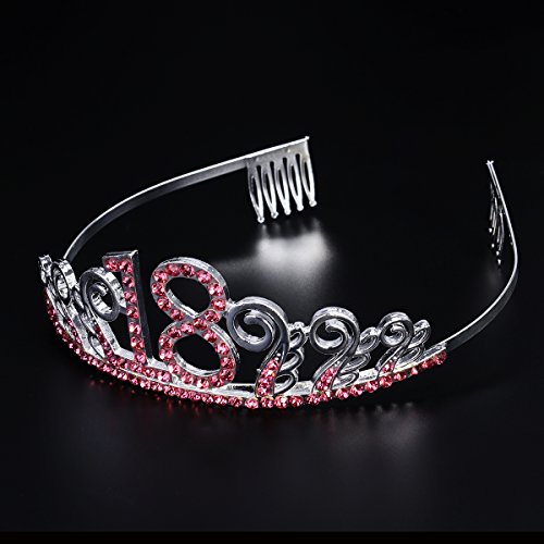 Beaupretty Tiara Cristal Cumpleaños 18 Años Corona Princesa Feliz Cumpleaños de Número 18 Años Diadema con Peines Regalos de Cumpleaños para Mujer Fiesta de Aniversario Bodas (rojo plata)