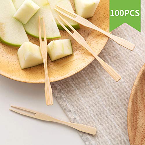 Bedler Tenedor de Frutas Postre Tenedores de bambú Mini selecciones de Alimentos Juego de Cocina Ensalada Bocadillo Banquete Buffet Catering Dos Puntas Palillos de Dientes romos 100PCS Tenedor de Bam