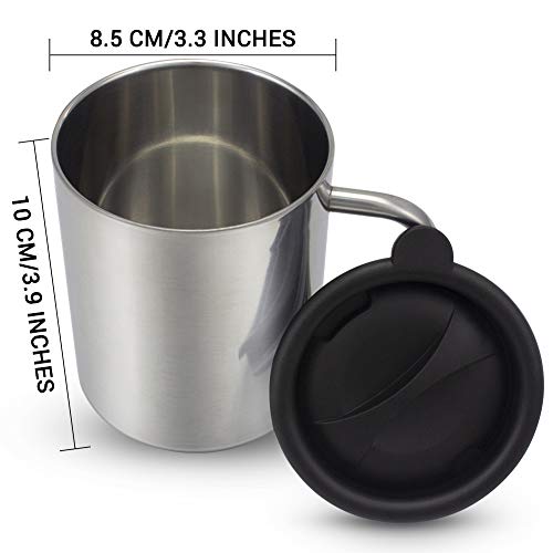 BeGrit Taza de Acero Inoxidable Camping 420ml Doble Pared Set de 2 con Tapas- Plata para el hogar al Aire Libre Camping Senderismo