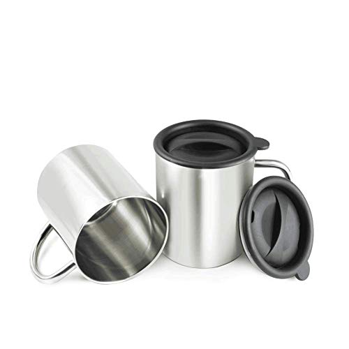 BeGrit Taza de Acero Inoxidable Camping 420ml Doble Pared Set de 2 con Tapas- Plata para el hogar al Aire Libre Camping Senderismo