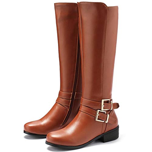 BeiaMina Mujer Casual Invierno Zapatos Plano Botas Rodilla Cremallera Equestrian Botas Tacones Bajos Antideslizante Botas Largas Clásico Hebillas Brown Tamaño 38