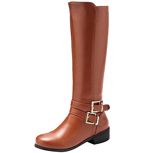 BeiaMina Mujer Casual Invierno Zapatos Plano Botas Rodilla Cremallera Equestrian Botas Tacones Bajos Antideslizante Botas Largas Clásico Hebillas Brown Tamaño 38