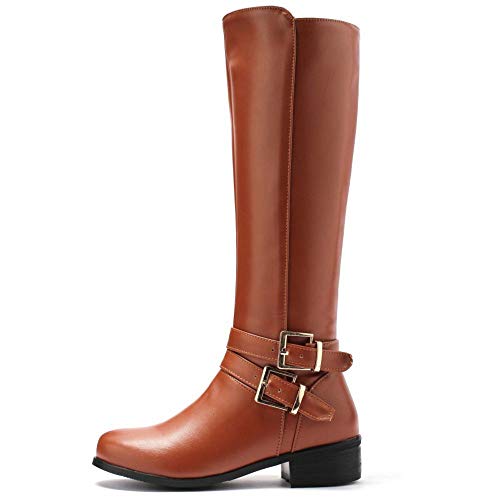 BeiaMina Mujer Casual Invierno Zapatos Plano Botas Rodilla Cremallera Equestrian Botas Tacones Bajos Antideslizante Botas Largas Clásico Hebillas Brown Tamaño 38