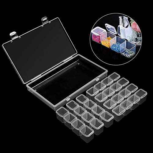 BELLE VOUS Cajas Organizadoras de Plastico Pack de 4-28 Compartimentos (17 x 10,5 x 2,5cm) Pintura Diamante, Bordado Almacenamiento y 168 Piezas Etiquetas para Accesorios, Cuentas, Manualidades