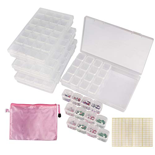 BELLE VOUS Cajas Organizadoras de Plastico Pack de 4-28 Compartimentos (17 x 10,5 x 2,5cm) Pintura Diamante, Bordado Almacenamiento y 168 Piezas Etiquetas para Accesorios, Cuentas, Manualidades