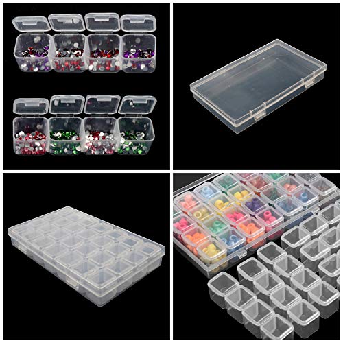 BELLE VOUS Cajas Organizadoras de Plastico Pack de 4-28 Compartimentos (17 x 10,5 x 2,5cm) Pintura Diamante, Bordado Almacenamiento y 168 Piezas Etiquetas para Accesorios, Cuentas, Manualidades