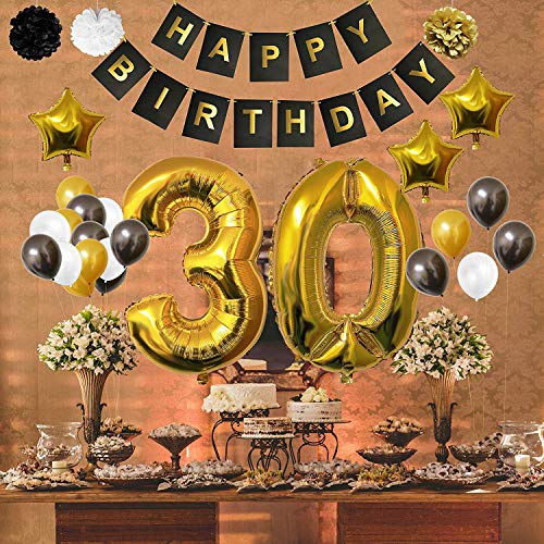 BELLE VOUS Globos Cumpleaños Happy Birthday, Suministros y Decoración Globo Grande de Aluminio - Decoración Globos De Látex Dorado, Blanco y Negro - Apto para Todos los Adultos (Age 30)