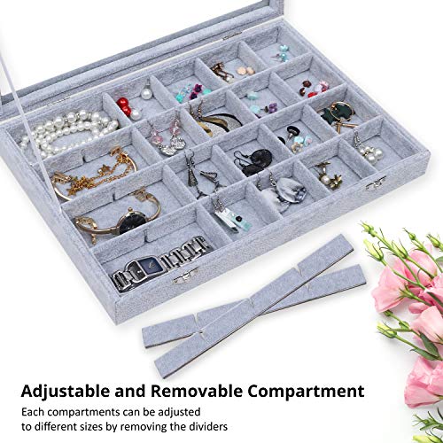 BELLE VOUS Joyero Grande - Organizador de Joyas Gris con 24 Secciones (35,5 x 24,1x 4,7cm) Organizador Anillos y Pendientes Gemelos, Colgantes- Forro Terciopelo, Tapa Vidrio