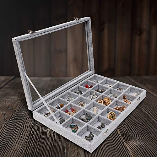 BELLE VOUS Joyero Grande - Organizador de Joyas Gris con 24 Secciones (35,5 x 24,1x 4,7cm) Organizador Anillos y Pendientes Gemelos, Colgantes- Forro Terciopelo, Tapa Vidrio