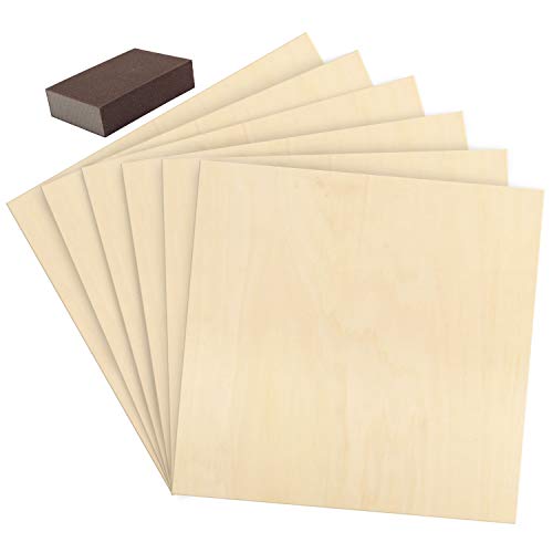 Belle Vous Madera Contrachapado (Pack de 6) - 30x30 cm Cuadrados de Madera en Blanco con Esponja de Lijado - lamina madera 2mm Álamo para Plantillas, Gravado Laser, Pirograbado, Manualidades