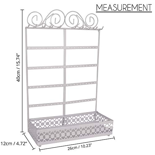 BELLE VOUS Soportes para Joyas - (26x40x12cm) Soporte Expositor de Joyas Metal con contenedor Rectangular, 10 Ganchos y 80 Agujeros - Organizador Colgante de Pared para Collares, Pendientes (Blanco)