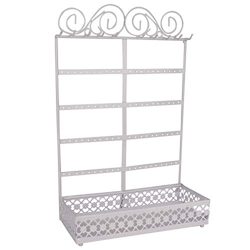 BELLE VOUS Soportes para Joyas - (26x40x12cm) Soporte Expositor de Joyas Metal con contenedor Rectangular, 10 Ganchos y 80 Agujeros - Organizador Colgante de Pared para Collares, Pendientes (Blanco)