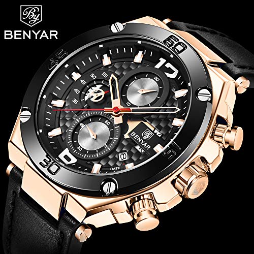 BENYAR Relojes de Pulsera Casual Deportivo Cuarzo analógico Reloj Cronógrafo Impermeable Cuero Pulsera para Hombres