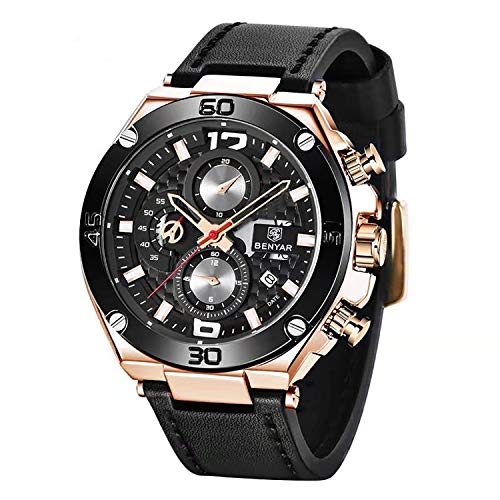 BENYAR Relojes de Pulsera Casual Deportivo Cuarzo analógico Reloj Cronógrafo Impermeable Cuero Pulsera para Hombres