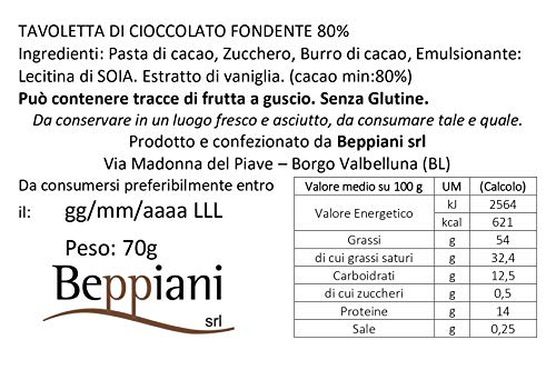 Beppiani - Set 5 tabletas 80% chocolate oscuro oscuro - 350 g - Chocolate hecho a mano - MADE IN ITALY