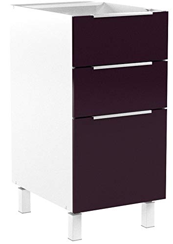 Berlenus CT4BA - Mueble bajo de Cocina con 3 cajones (40 cm), Color Berenjena Brillante