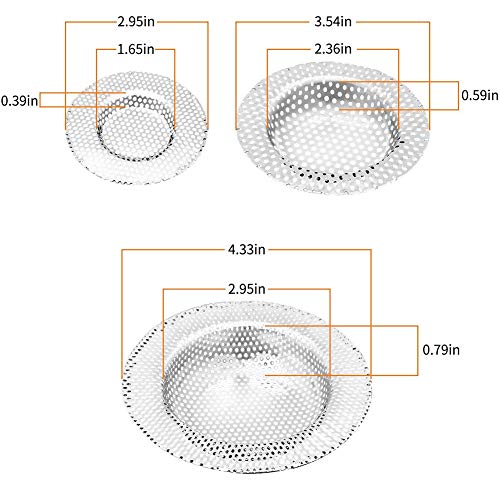 BESTZY 3 piezas Coladores de Fregadero para Cocina, Filtro de Drenaje de Acero Inoxidable con Orificios Perforados, Canasta Duradera con Diámetro de 1.65" - 4.33"