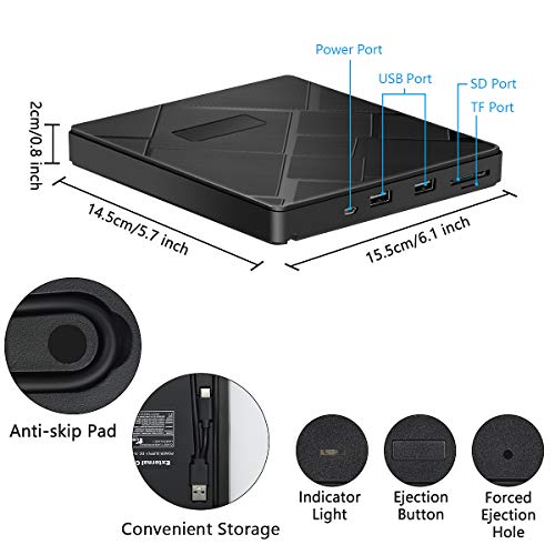 BEVA Grabadora CD/DVD Externa, USB 3.0 & Tipo c Unidades CD DVD Externa, Lector DVD Compatible con Tarjetas SD/TF, Lector CD Externa Portátil para Windows 7/8/10/XP/Vista, Linux, Mac OS