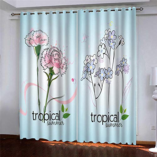 BFSOC Cortinas Opacas Clavel Rosa Azul Claro Impresión 3D Tejido de Poliéster con Agujeros Geométricos Reducción de Ruido, Protección de Privacidad 110X215 cm- un Grupo, para Dormitorio Infantil