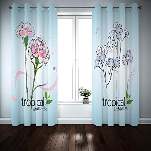 BFSOC Cortinas Opacas Clavel Rosa Azul Claro Impresión 3D Tejido de Poliéster con Agujeros Geométricos Reducción de Ruido, Protección de Privacidad 110X215 cm- un Grupo, para Dormitorio Infantil