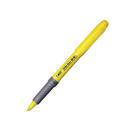 BIC Highlighter Grip Marcadores Punta Biselada Ajustable - Amarillo, Caja de 12 Unidades, Subrayador fluorescente con tecnología antisecado