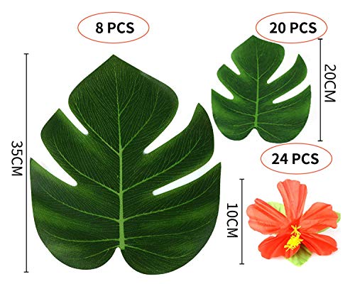 BigLion 60 Piezas Tropicales Artificiales Hojas Palmeras Flores de Hibisco, Hojas Artificial Palmeras Tropical Monstera Flores Hibisco Hawaianas Luau Jungle Beach temáticas Fiestas Decoraciones